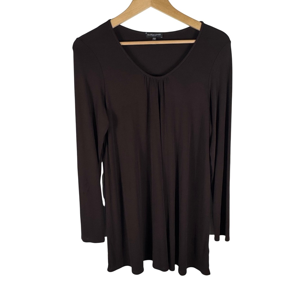 Eileen Fisher Silk Pintucked Scoop Neck Long Sleeve Tunic Top Womens PL Brown